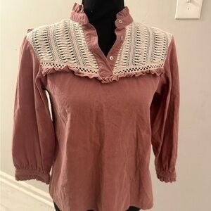 Zara Dusty Pink Corduroy Boho Crochet Accent Button Down Blouse Size XS